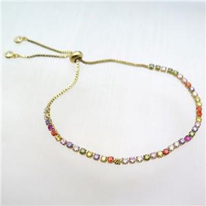 copper Adjustable bracelet paved zircon, multicolor, gold plated, approx 3mm, 26cm length [FN12337]