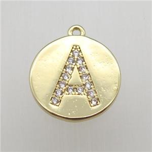copper letter-A pendant pave zircon, gold plated, approx 14mm dia [FN12345]