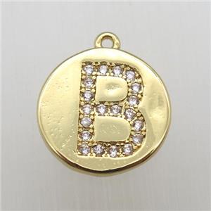copper letter-B pendant pave zircon, gold plated, approx 14mm dia [FN12346]