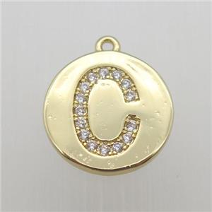 copper letter-C pendant pave zircon, gold plated, approx 14mm dia [FN12347]