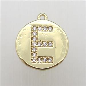 copper letter-E pendant pave zircon, gold plated, approx 14mm dia [FN12349]