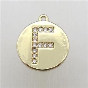 copper letter-F pendant pave zircon, gold plated, approx 14mm dia [FN12350]