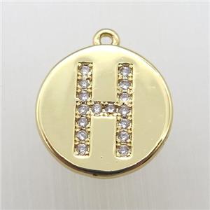 copper letter-H pendant pave zircon, gold plated, approx 14mm dia [FN12352]