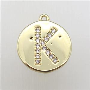 copper letter-K pendant pave zircon, gold plated, approx 14mm dia [FN12355]