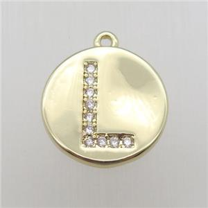 copper letter-L pendant pave zircon, gold plated, approx 14mm dia [FN12356]