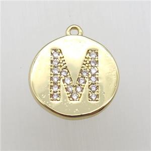 copper letter-M pendant pave zircon, gold plated, approx 14mm dia [FN12357]