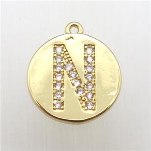 copper letter-N pendant pave zircon, gold plated, approx 14mm dia [FN12358]