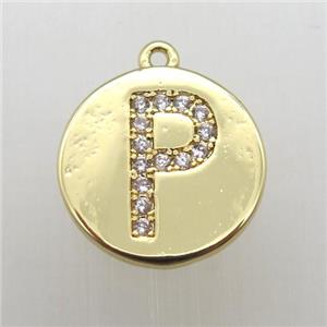 copper letter-P pendant pave zircon, gold plated, approx 14mm dia [FN12360]
