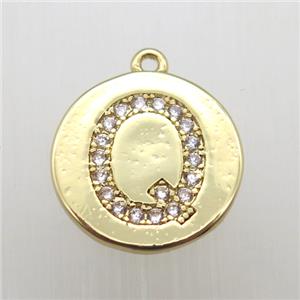 copper letter-Q pendant pave zircon, gold plated, approx 14mm dia [FN12361]