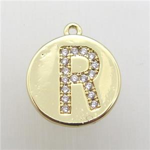 copper letter-R pendant pave zircon, gold plated, approx 14mm dia [FN12362]