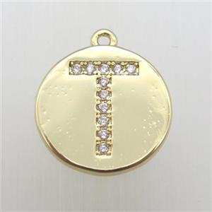 copper letter-T pendant pave zircon, gold plated, approx 14mm dia [FN12364]
