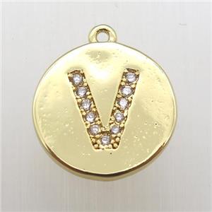 copper letter-V pendant pave zircon, gold plated, approx 14mm dia [FN12366]