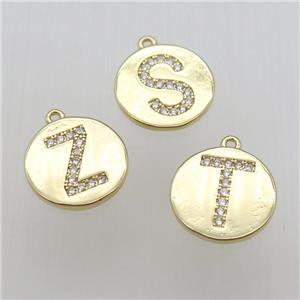 copper letter pendant pave zircon, gold plated, mixed, approx 14mm dia [FN12370]