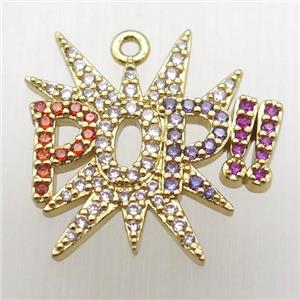 copper POR pendant pave zircon, gold plated, approx 20x20mm [FN12376]