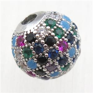 round copper beads pave zircon, multi color, platinum plated, approx 8mm dia [FN12384-8MM]