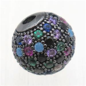 round copper beads pave zircon, multi color, black plated, approx 10mm dia [FN12387-10MM]