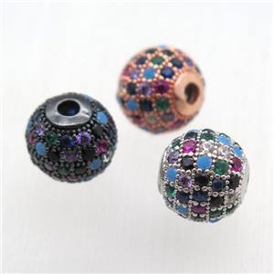 round copper beads pave zircon, multi color, mixed, approx 10mm dia [FN12388-10MM]
