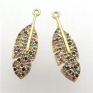 copper leaf pendant pave zircon, multi color, gold plated, approx 7-25mm [FN12396]