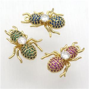 copper ant pendant pave zircon, mixed, gold plated, approx 16-23mm [FN12401]