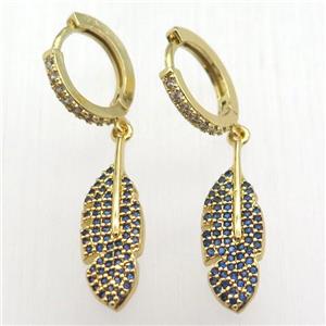 copper hoop earrings pendant pave zircon, leaf, gold plated, approx 7-25mm, 14mm dia [FN12404]