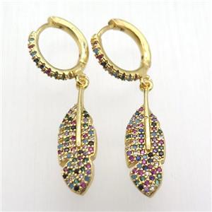 copper hoop earrings pendant pave zircon, leaf, gold plated, approx 7-25mm, 14mm dia [FN12405]