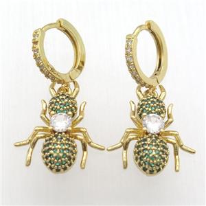 copper hoop earrings pendant pave zircon, ant, gold plated, approx 16-23mm, 14mm dia [FN12409]