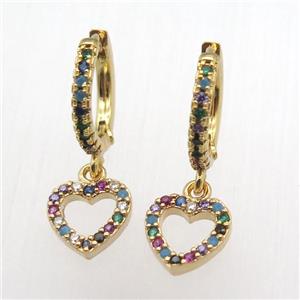 copper hoop earrings pendant pave zircon, heart, gold plated, approx 10mm, 14mm dia [FN12411]