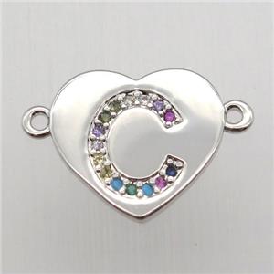 copper letter connector, heart, platinum plated, approx 15-16mm [FN12423]