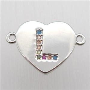copper letter connector, heart, platinum plated, approx 15-16mm [FN12432]