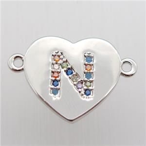 copper letter connector, heart, platinum plated, approx 15-16mm [FN12434]