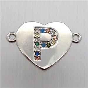 copper letter connector, heart, platinum plated, approx 15-16mm [FN12436]