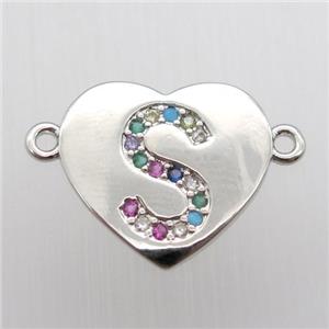 copper letter connector, heart, platinum plated, approx 15-16mm [FN12439]