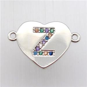 copper letter connector, heart, platinum plated, approx 15-16mm [FN12446]