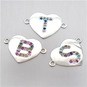 copper letter connector, heart, mix alphabet, platinum plated, approx 15-16mm [FN12447]