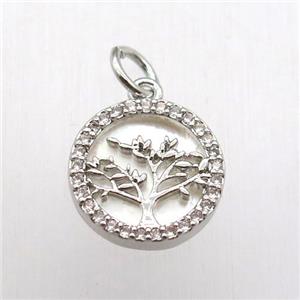 copper pendant pave zircon, tree of life, platinum plated, approx 22mm dia [FN12485-22MM]