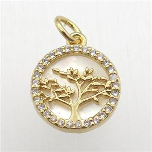 copper pendant pave zircon, tree of life, gold plated, approx 12mm dia [FN12486-12MM]