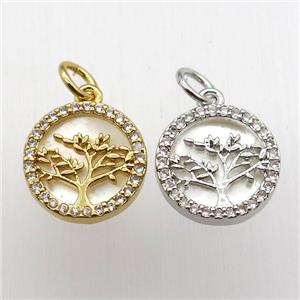 copper pendant pave zircon, tree of life, mixed color, approx 15mm dia [FN12487-15MM]