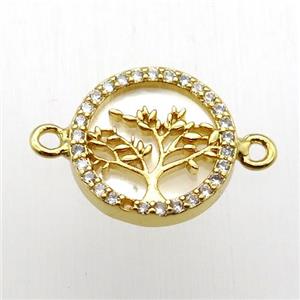 copper connector pave zircon, tree of life, gold plated, approx 22mm dia [FN12488-22MM]