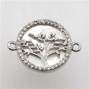 copper connector pave zircon, tree of life, platinum plated, approx 22mm dia [FN12489-22MM]
