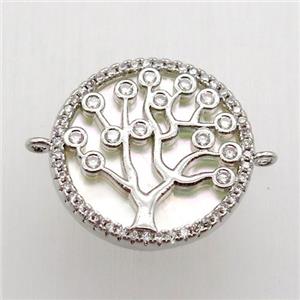 copper connector pave zircon, tree of life, platinum plated, approx 19mm dia [FN12491]