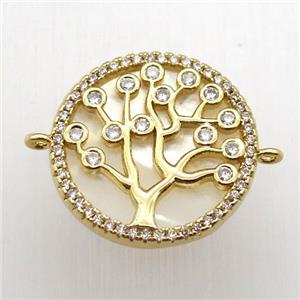 copper connector pave zircon, tree of life, gold plated, approx 19mm dia [FN12492]