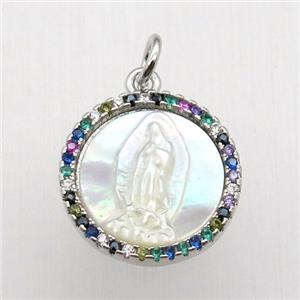 copper circle pendant pave zircon, shell Jesus, platinum plated, approx 15mm dia [FN12494]