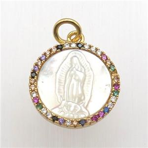 copper circle pendant pave zircon, shell Jesus, gold plated, approx 15mm dia [FN12495]
