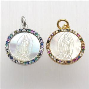 copper circle pendant pave zircon, shell Jesus, mixed color, approx 15mm dia [FN12496]