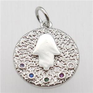 copper circle pendant pave zircon, hamsahand, platinum plated, approx 14mm dia [FN12499]