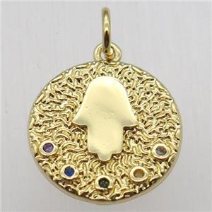 copper circle pendant pave zircon, hamsahand, gold plated, approx 14mm dia [FN12500]