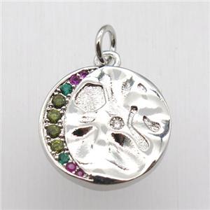copper circle moon pendant pave zircon, platinum plated, approx 15mm dia [FN12502]