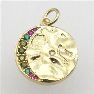 copper circle moon pendant pave zircon, gold plated, approx 15mm dia [FN12503]