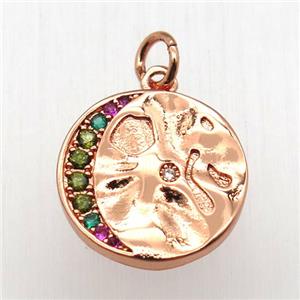 copper circle moon pendant pave zircon, rose gold, approx 15mm dia [FN12504]