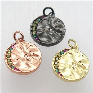 copper circle moon pendant pave zircon, mixed color, approx 15mm dia [FN12506]